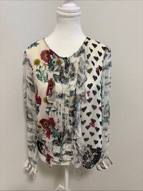 Anthropologie Mixed Floral and Heart-Print Ruffle Blouse in White Multi